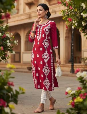 Floral embroidered round neck chikankari straight kurta 4