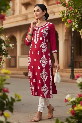 Floral embroidered round neck chikankari straight kurta
