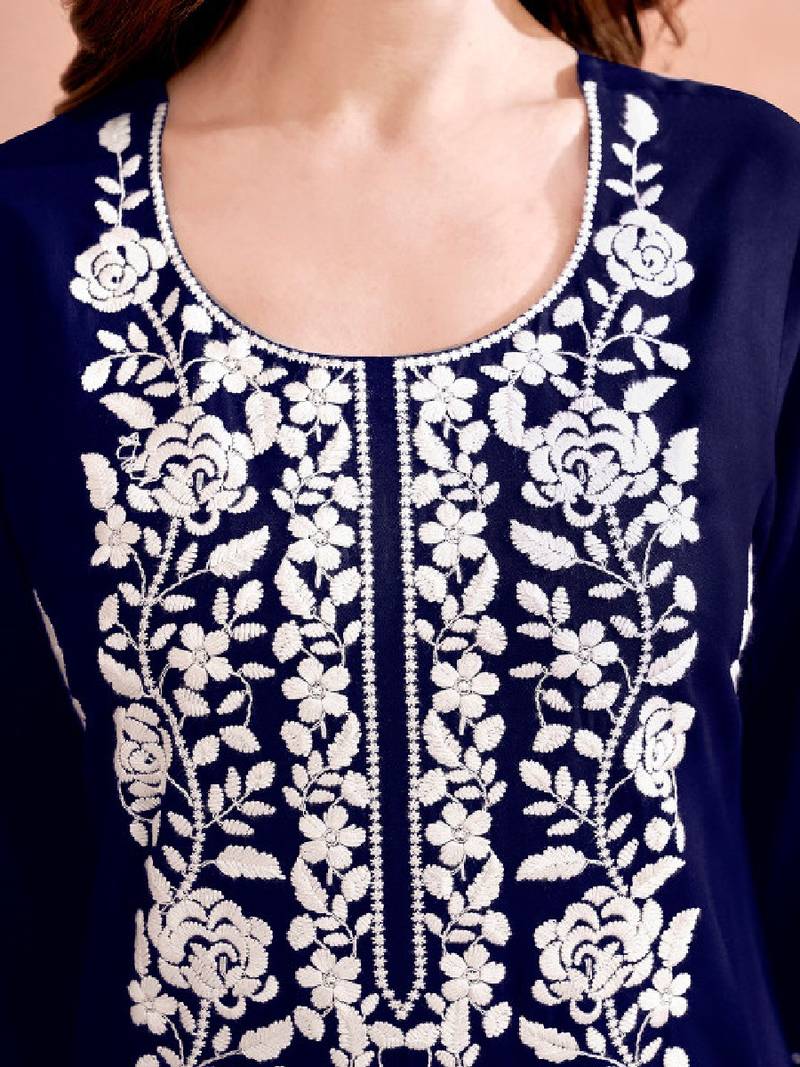 Floral embroidered round neck chikankari straight kurta