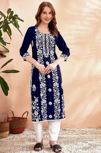 Floral embroidered round neck chikankari straight kurta