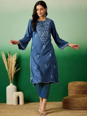 Navy blue embroidered notch neck flared sleeves chikankari straight kurtas 1