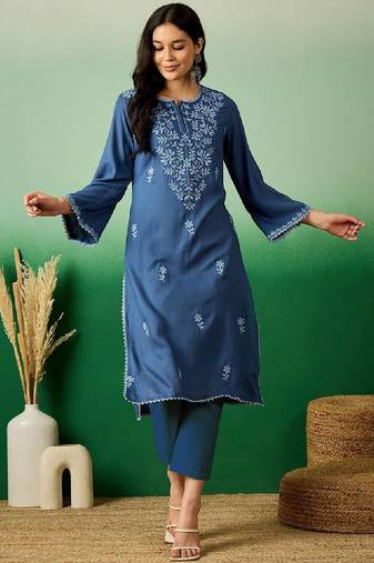 Navy blue embroidered notch neck flared sleeves chikankari straight kurtas