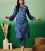 Navy blue embroidered notch neck flared sleeves chikankari straight kurtas