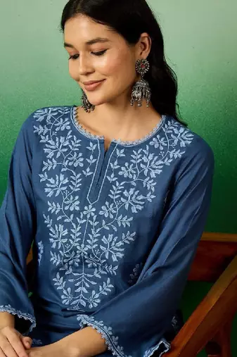 Navy blue embroidered notch neck flared sleeves chikankari straight kurtas