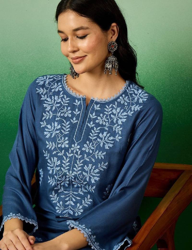 Navy blue embroidered notch neck flared sleeves chikankari straight kurtas