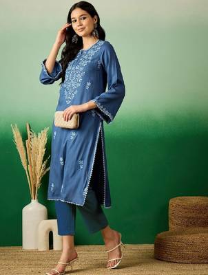 Navy blue embroidered notch neck flared sleeves chikankari straight kurtas 3
