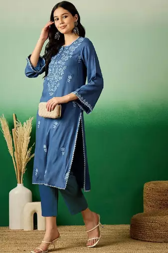 Navy blue embroidered notch neck flared sleeves chikankari straight kurtas