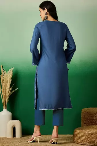 Navy blue embroidered notch neck flared sleeves chikankari straight kurtas