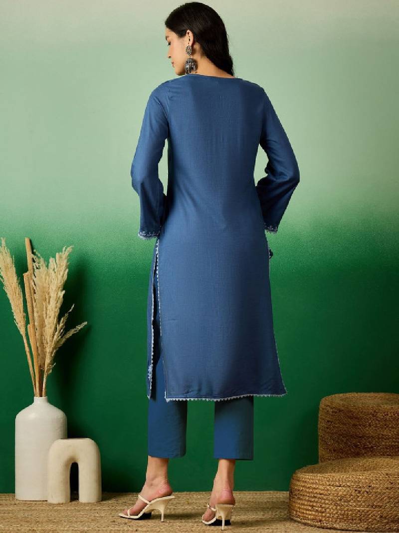 Navy blue embroidered notch neck flared sleeves chikankari straight kurtas