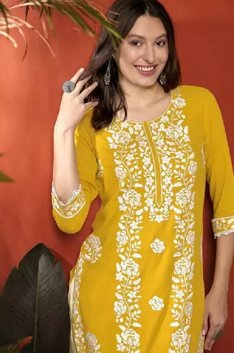 Yellow floral embroidered round neck straight kurta