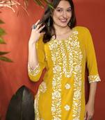 Yellow floral embroidered round neck straight kurta