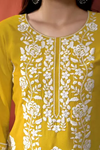 Yellow floral embroidered round neck straight kurta