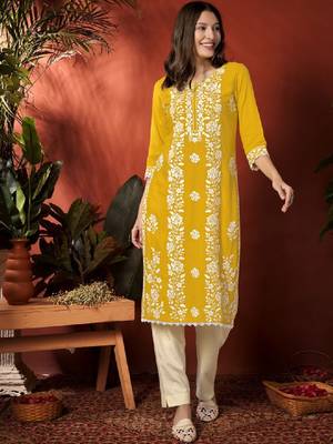 Yellow floral embroidered round neck straight kurta 3