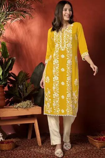 Yellow floral embroidered round neck straight kurta