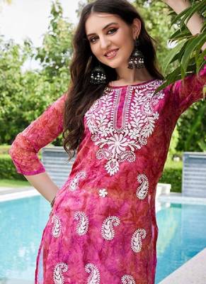 Floral embroidered chikankari georgette straigth kurta 2