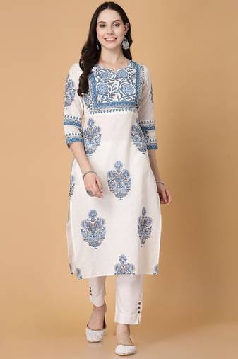 Floral printed notch neck pure cotton straight kurta