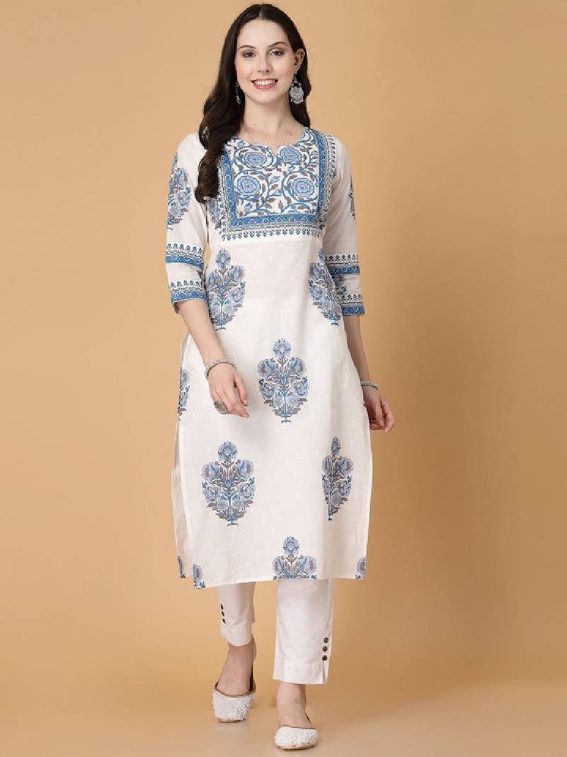 Floral printed notch neck pure cotton straight kurta