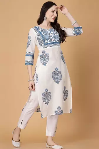 Floral printed notch neck pure cotton straight kurta