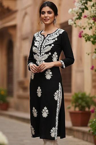 Floral embroidered notch neck chikankari straight kurta