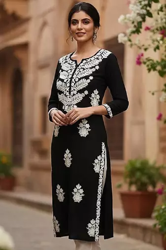 Floral embroidered notch neck chikankari straight kurta