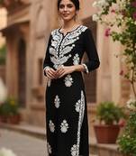 Floral embroidered notch neck chikankari straight kurta