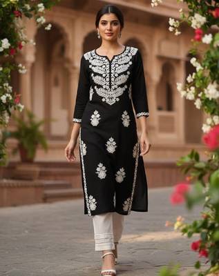Floral embroidered notch neck chikankari straight kurta 2