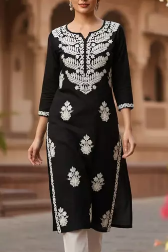 Floral embroidered notch neck chikankari straight kurta