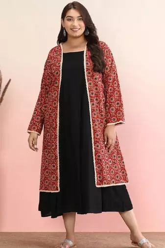 Plus size geometric printed gotta patti cotton anarkali kurta with jacket