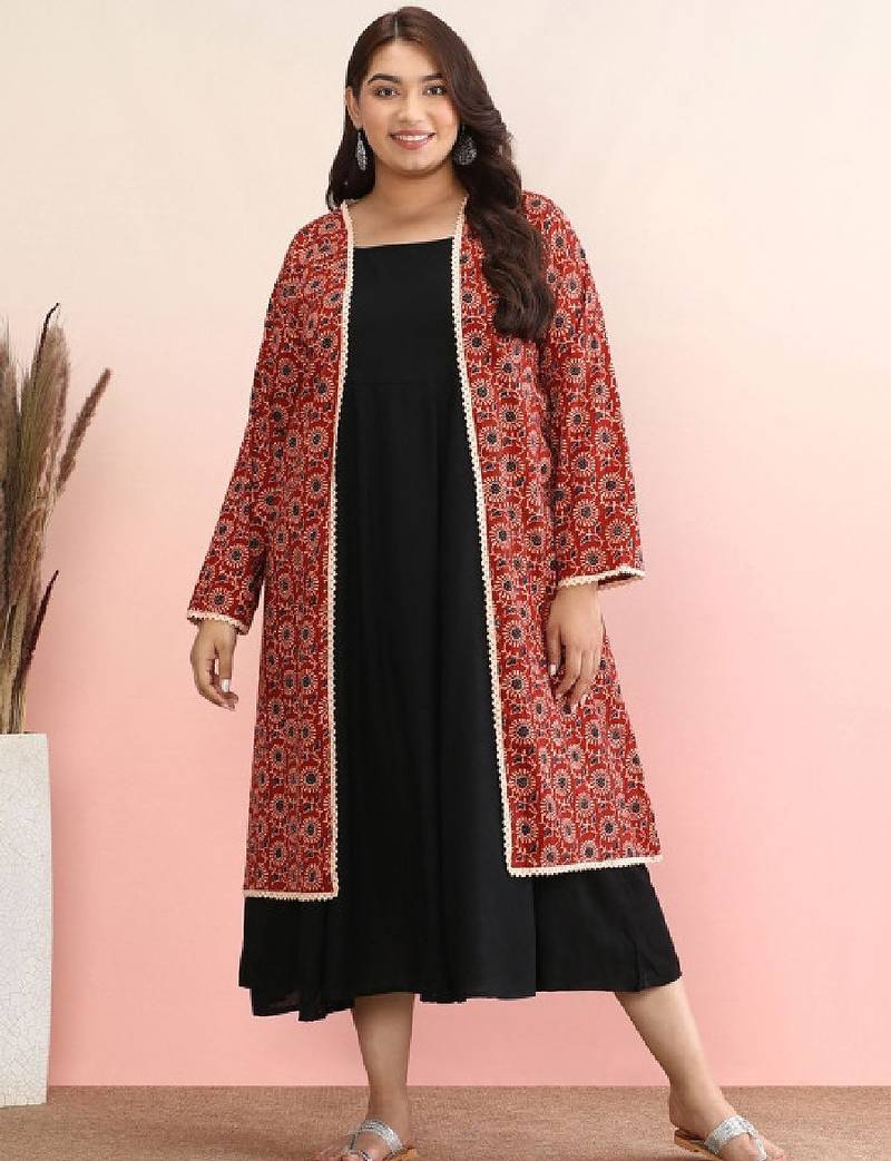 Plus size geometric printed gotta patti cotton anarkali kurta with jacket
