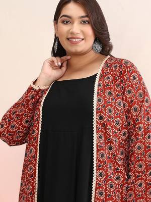 Plus size geometric printed gotta patti cotton anarkali kurta with jacket 2