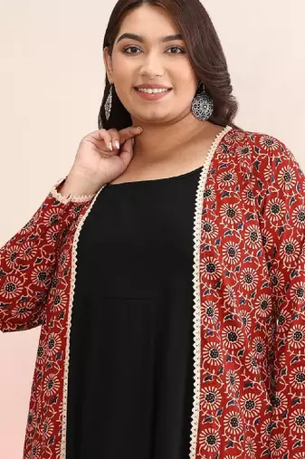 Plus size geometric printed gotta patti cotton anarkali kurta with jacket