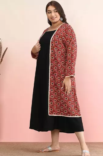 Plus size geometric printed gotta patti cotton anarkali kurta with jacket