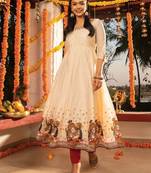 Ethnic motifs printed thread work chanderi cotton anarkali kurta for women
