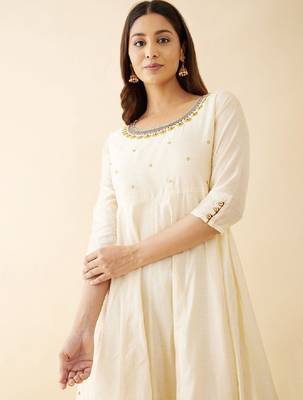 Ethnic motifs printed thread work chanderi cotton anarkali kurta for women 2