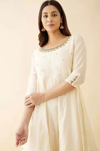 Ethnic motifs printed thread work chanderi cotton anarkali kurta for women