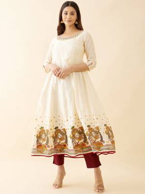 Ethnic motifs printed thread work chanderi cotton anarkali kurta for women 3
