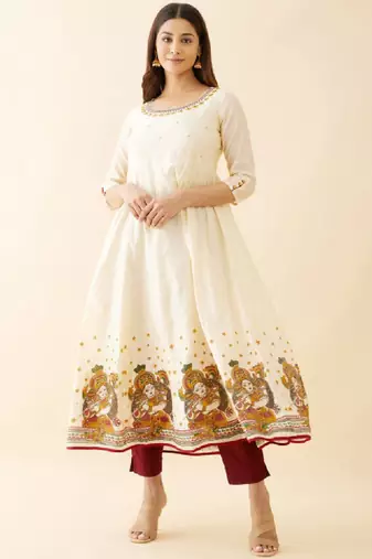 Ethnic motifs printed thread work chanderi cotton anarkali kurta for women