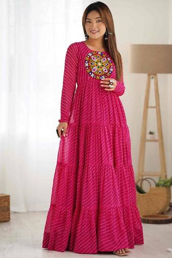Leheriya printed thread work georgette tiered anarkali kurta