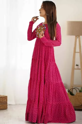 Leheriya printed thread work georgette tiered anarkali kurta