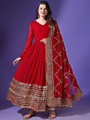 V-neck embellished pleated georgette anarkali kurta with dupatta 1