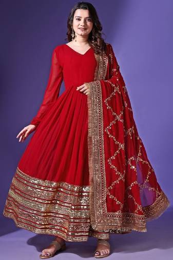 V-neck embellished pleated georgette anarkali kurta with dupatta