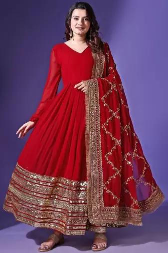 V-neck embellished pleated georgette anarkali kurta with dupatta