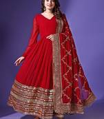 V-neck embellished pleated georgette anarkali kurta with dupatta