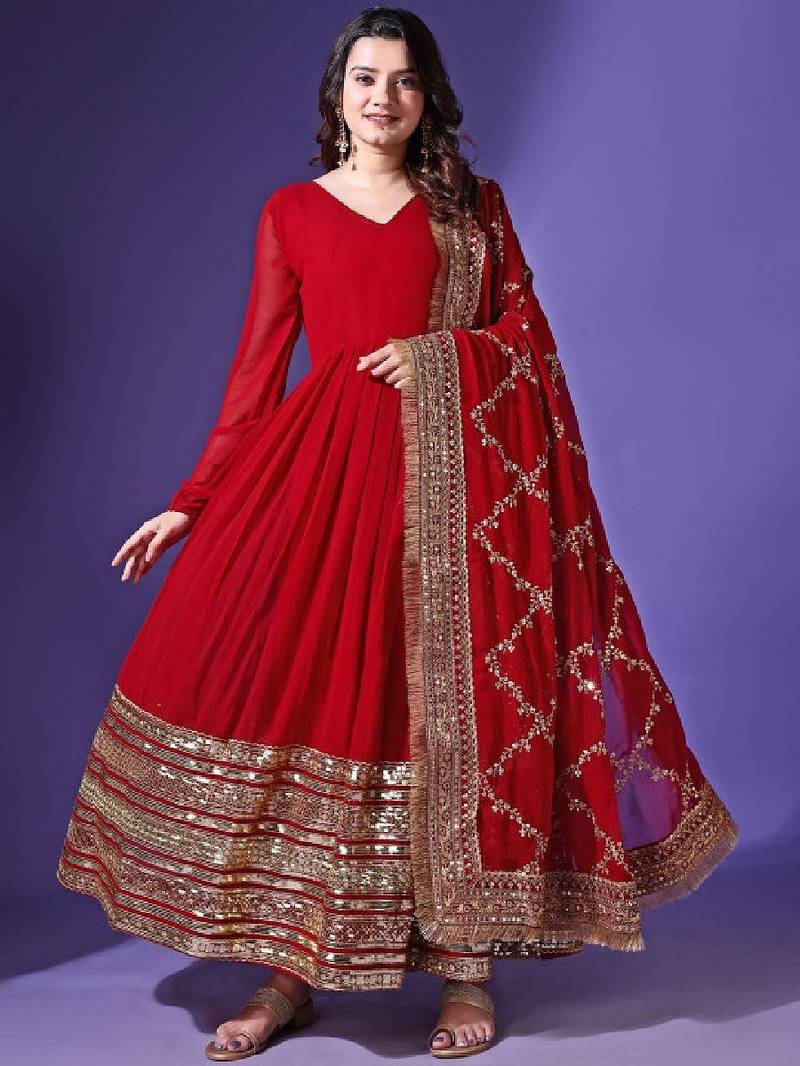 V-neck embellished pleated georgette anarkali kurta with dupatta
