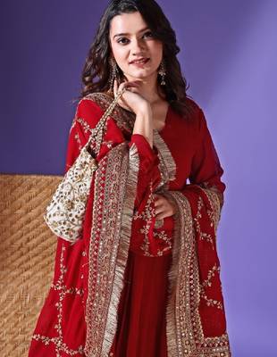 V-neck embellished pleated georgette anarkali kurta with dupatta 2