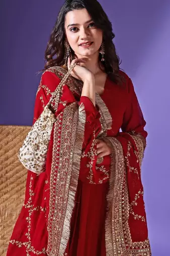V-neck embellished pleated georgette anarkali kurta with dupatta