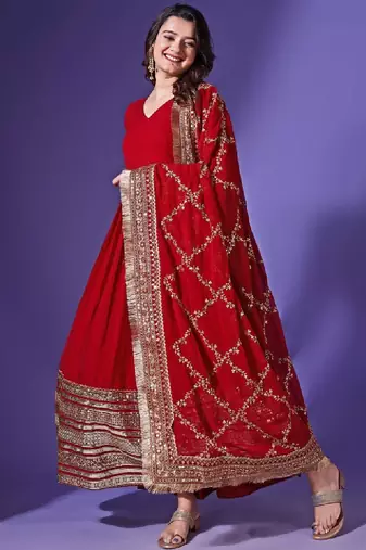 V-neck embellished pleated georgette anarkali kurta with dupatta
