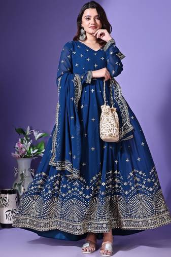 Floral embroidered v-neck mirror work georgette anarkali kurta with dupatta