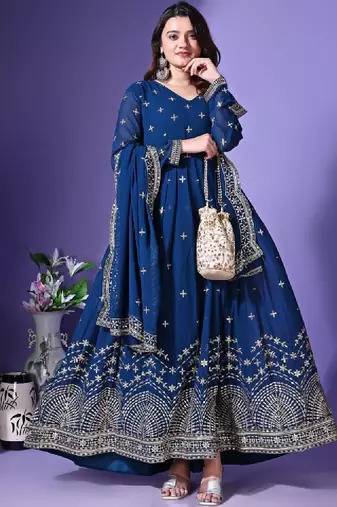 Floral embroidered v-neck mirror work georgette anarkali kurta with dupatta