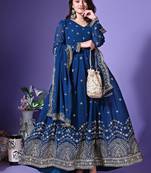 Floral embroidered v-neck mirror work georgette anarkali kurta with dupatta